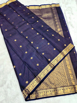 Snazzy Navy Blue Soft Silk Saree With Opulent Blouse Piece
