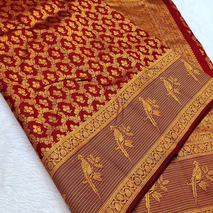Inspiring Maroon Pure Zari Weaving Banarasi Silk Saree With Beleaguer Blouse Piece