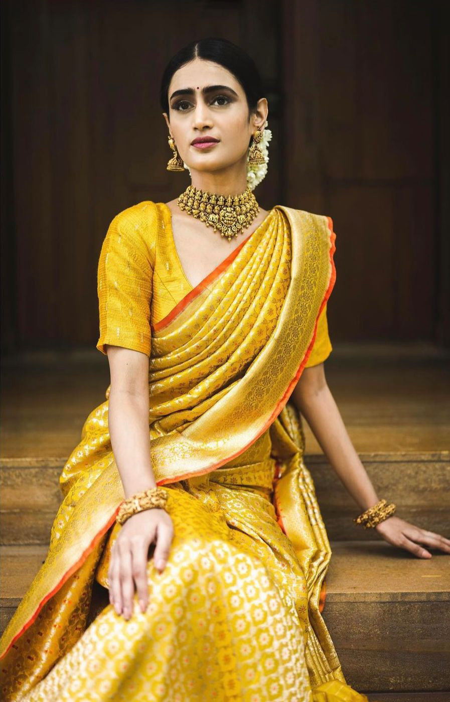 Decent look Yellow Color Wedding Wear Silk Weave Saree With Fancy Half  Sleeve Blouse