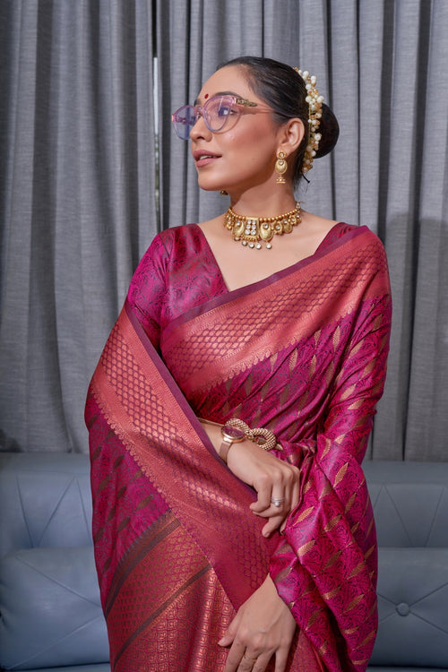 Load image into Gallery viewer, Gossamer Dark Pink Soft Silk Saree With Conflate Blouse Piece
