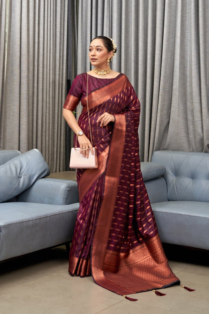 Intricate Wine Soft Silk Saree With Dazzling Blouse Piece