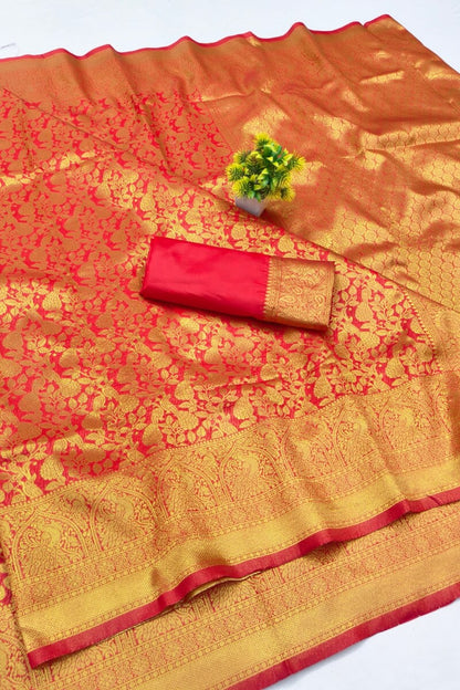 Panoply Red Pure Zari Weaving Banarasi Silk Saree With Embrocation Blouse Piece
