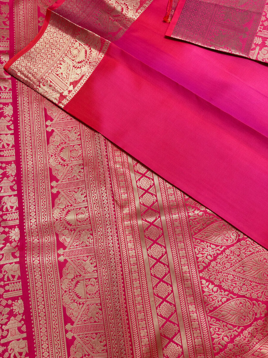 Zephyr Dark Pink Pure Zari Weaving Banarasi Silk Saree With Imbrication Blouse Piece