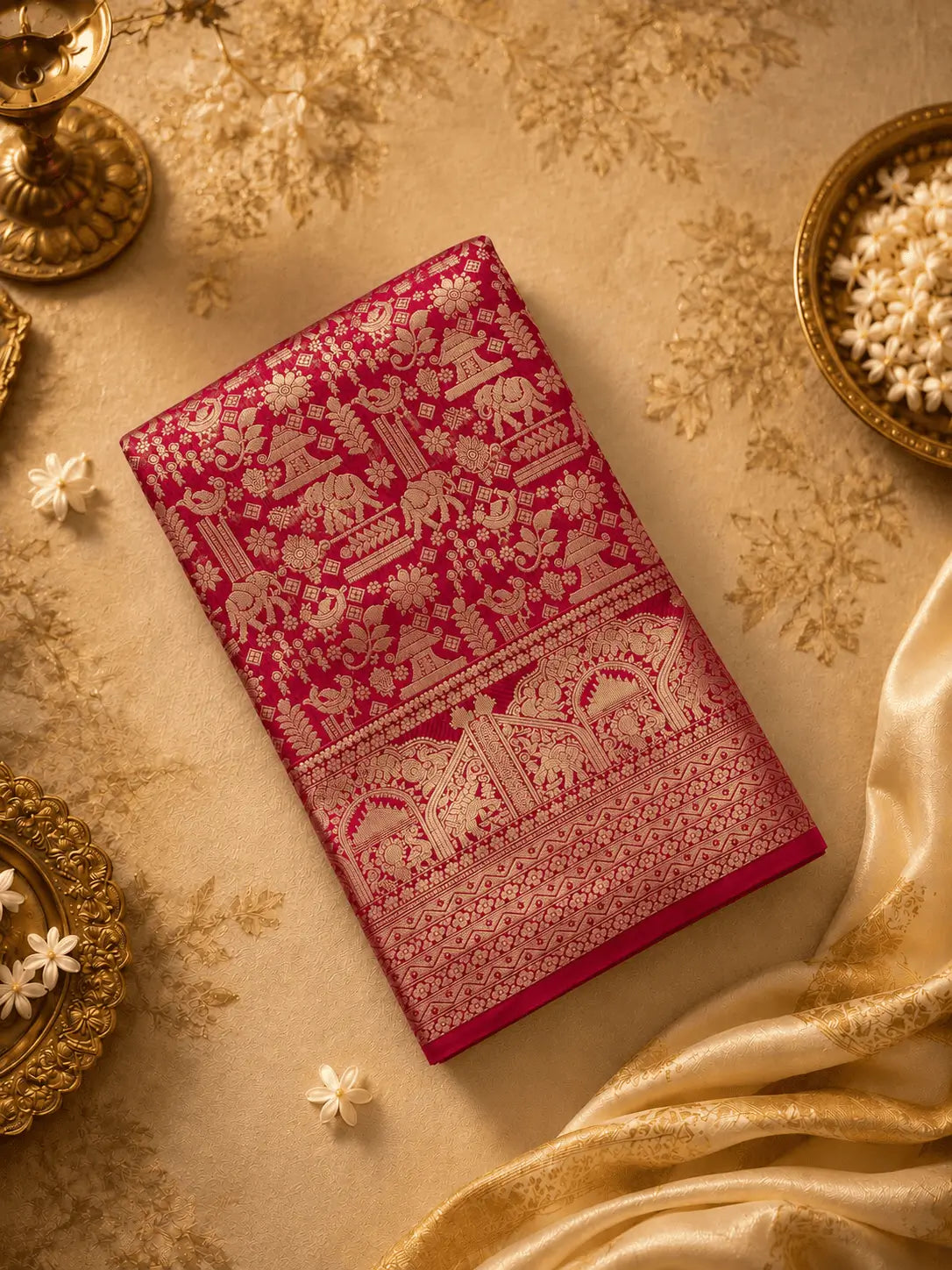 Zephyr Dark Pink Pure Zari Weaving Banarasi Silk Saree With Imbrication Blouse Piece