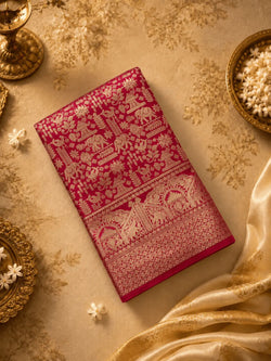 Zephyr Dark Pink Pure Zari Weaving Banarasi Silk Saree With Imbrication Blouse Piece