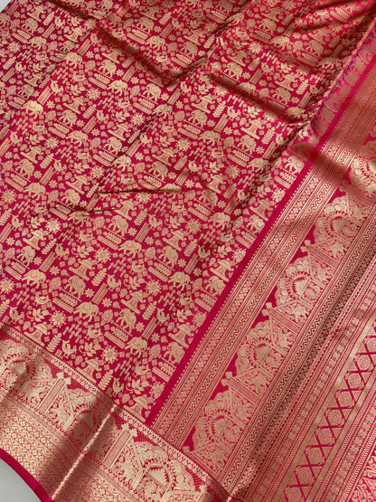 Zephyr Dark Pink Pure Zari Weaving Banarasi Silk Saree With Imbrication Blouse Piece