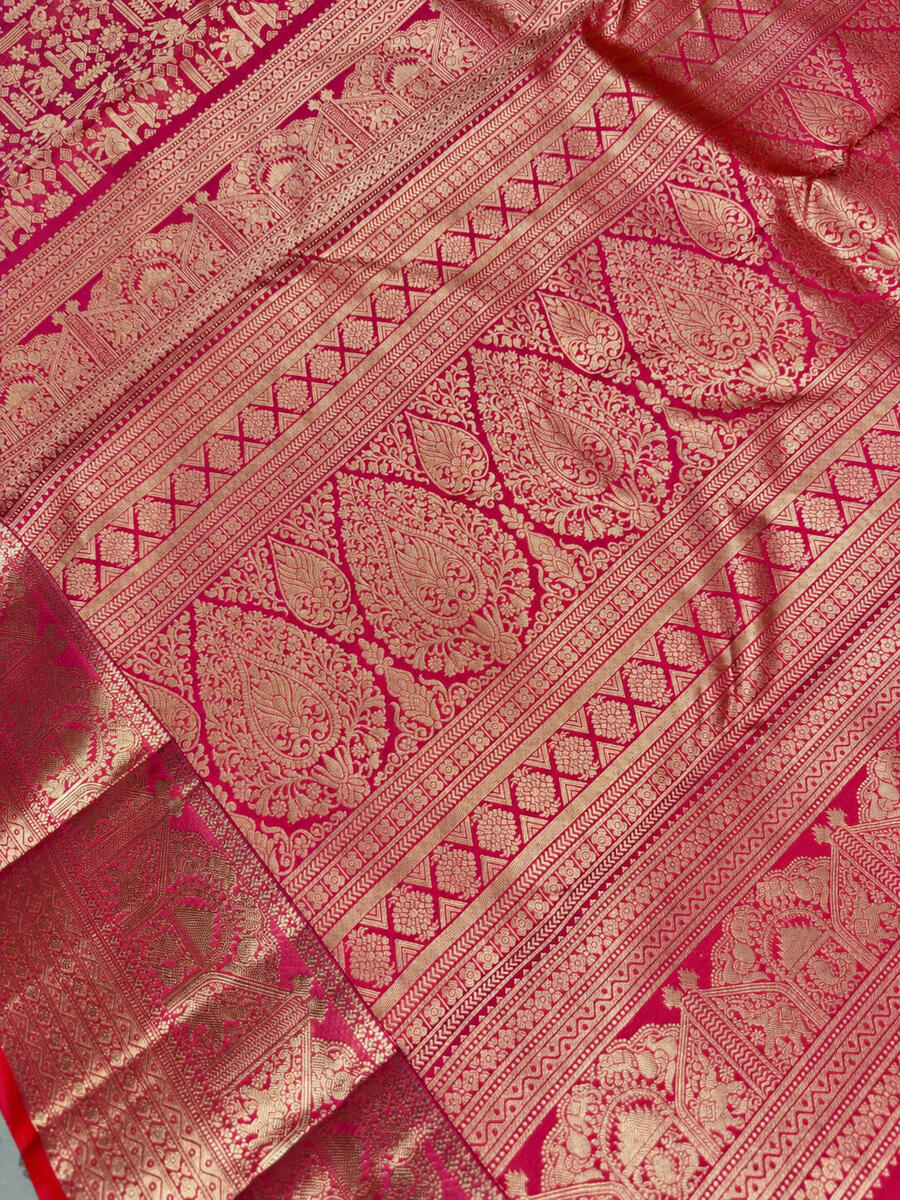 Zephyr Dark Pink Pure Zari Weaving Banarasi Silk Saree With Imbrication Blouse Piece