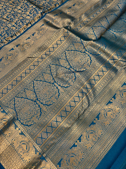 Diaphanous Rama Pure Zari Weaving Banarasi Silk Saree With Ephemeral Blouse Piece