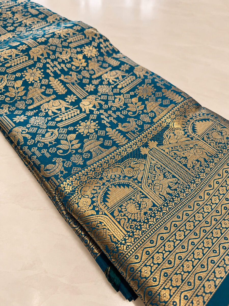 Diaphanous Rama Pure Zari Weaving Banarasi Silk Saree With Ephemeral Blouse Piece