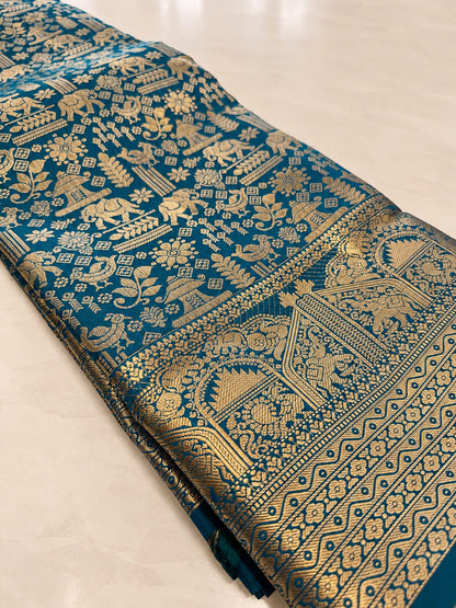 Diaphanous Rama Pure Zari Weaving Banarasi Silk Saree With Ephemeral Blouse Piece