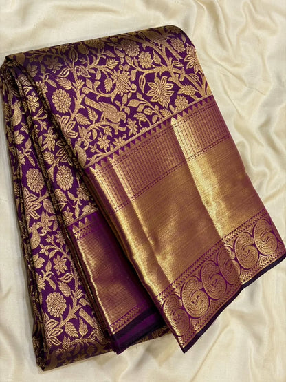 Gossamer Purple Pure Zari Weaving Banarasi Silk Saree With Lustrous Blouse Piece
