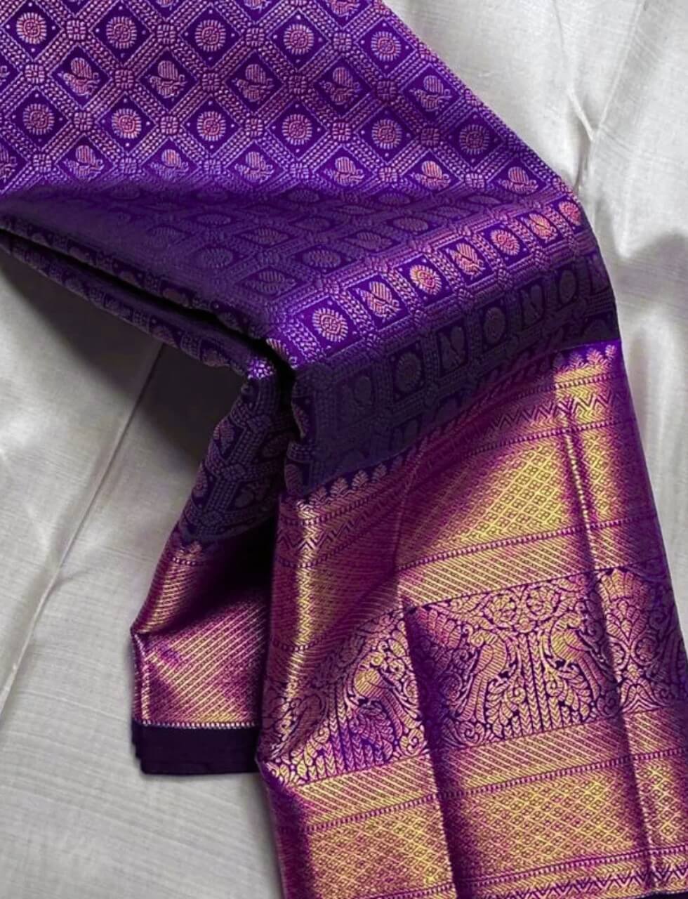 Demesne Purple Pure Zari Weaving Banarasi Silk Saree With Zephyr Blouse Piece