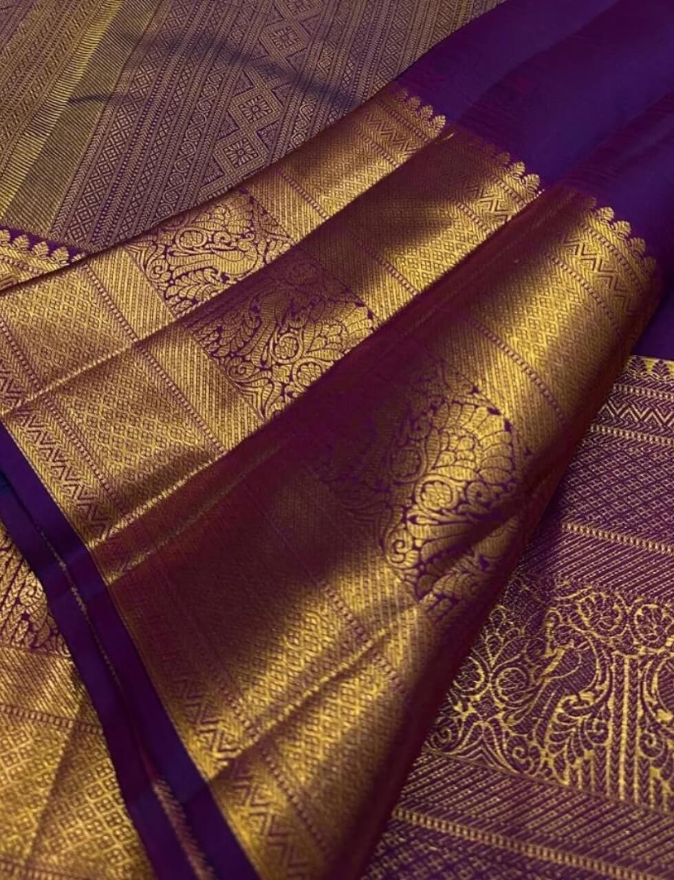 Demesne Purple Pure Zari Weaving Banarasi Silk Saree With Zephyr Blouse Piece