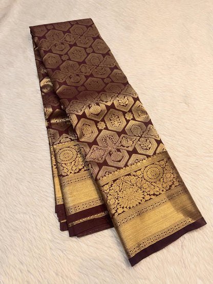 Scintilla Brown Pure Banarasi Silk Saree With Magnetic Blouse Piece