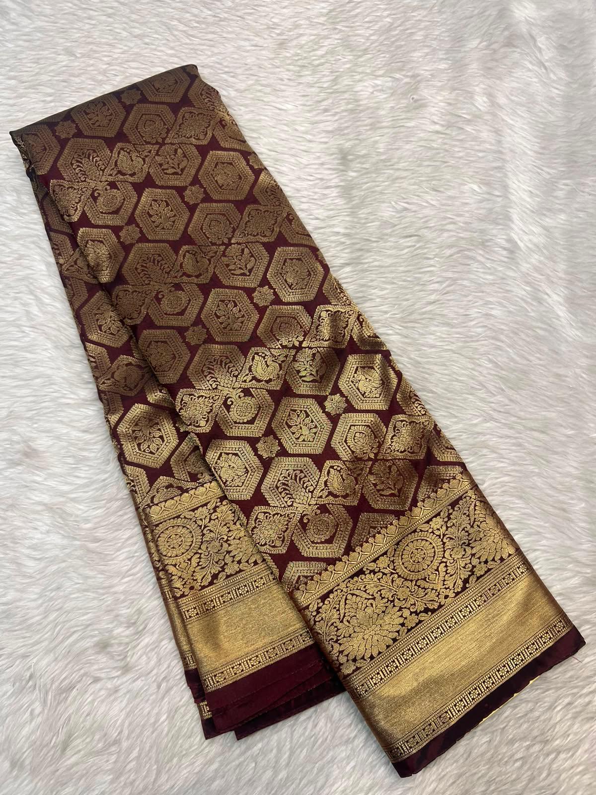 Scintilla Brown Pure Banarasi Silk Saree With Magnetic Blouse Piece