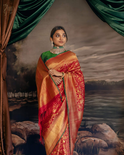 Fancifull Red Pure Banarasi Silk Saree With Mesmeric Blouse Piece