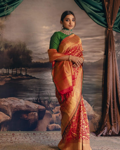 Fancifull Red Pure Banarasi Silk Saree With Mesmeric Blouse Piece