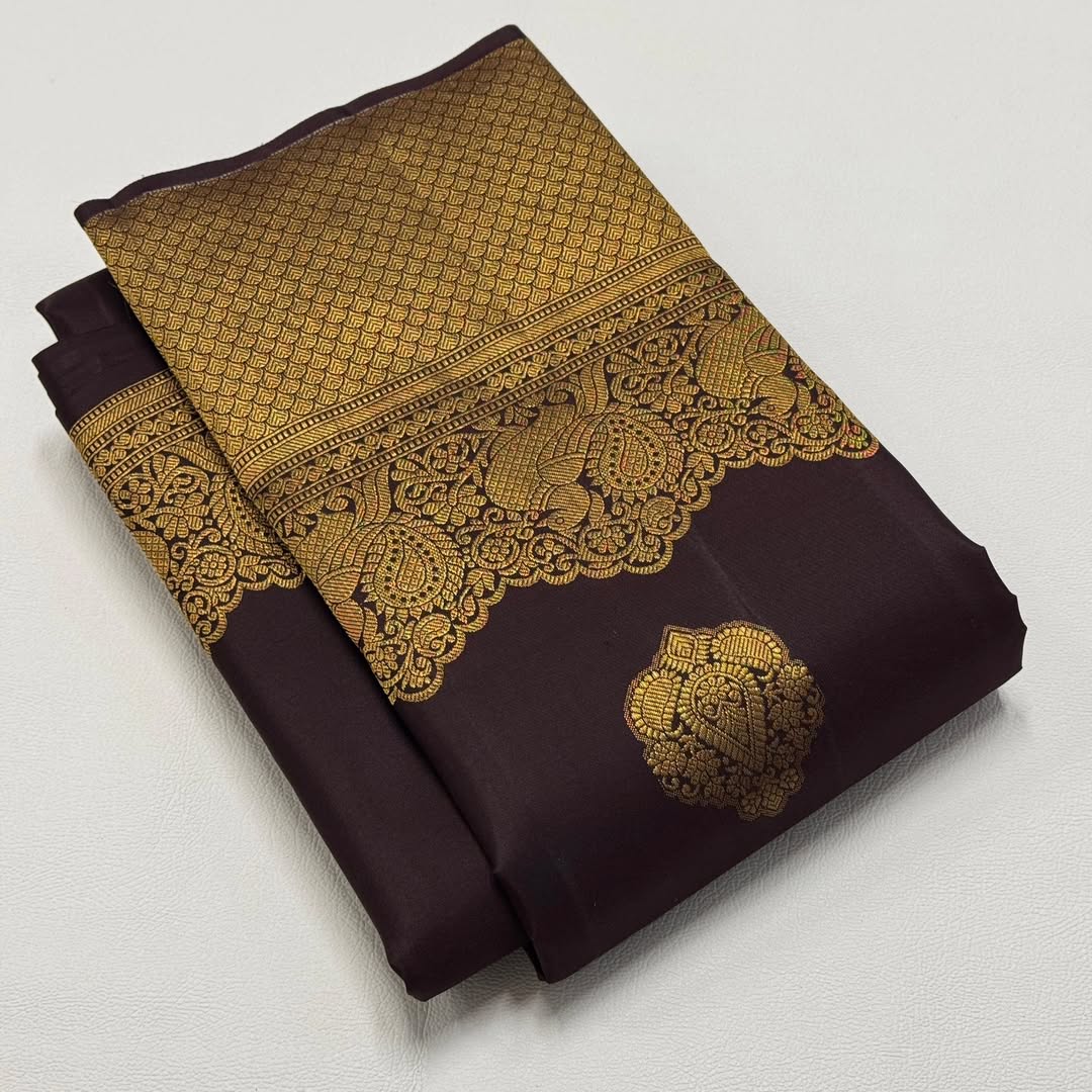 Skinny Brown Pure Banarasi Silk Saree With Bewitching Blouse Piece