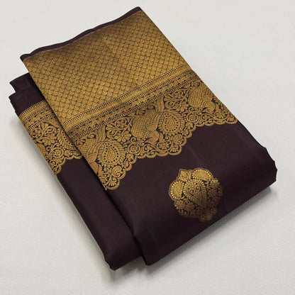 Skinny Brown Pure Banarasi Silk Saree With Bewitching Blouse Piece
