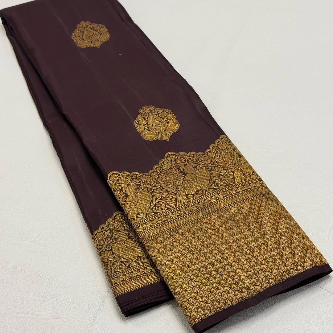 Skinny Brown Pure Banarasi Silk Saree With Bewitching Blouse Piece