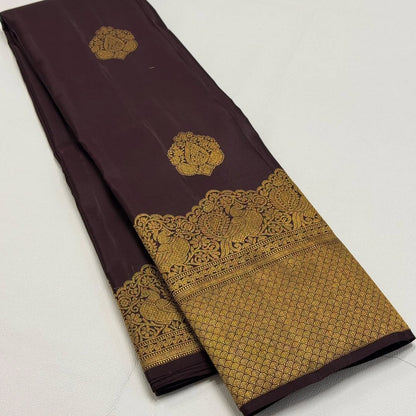 Skinny Brown Pure Banarasi Silk Saree With Bewitching Blouse Piece