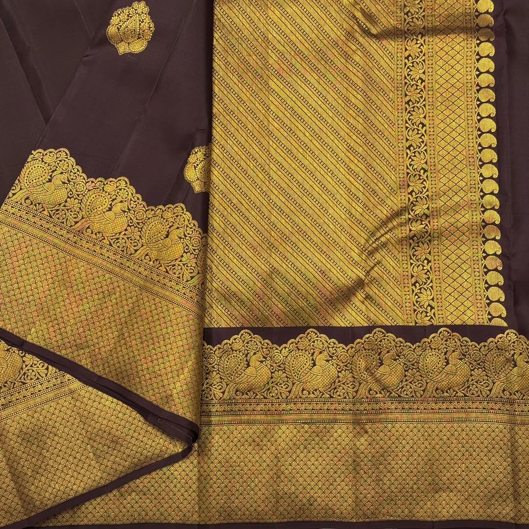 Skinny Brown Pure Banarasi Silk Saree With Bewitching Blouse Piece