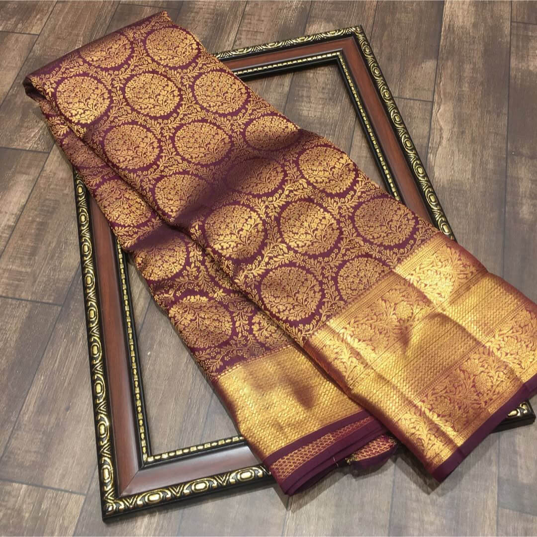 Amiable Wine Pure Banarasi Silk Saree With Gorgeous Blouse Piece