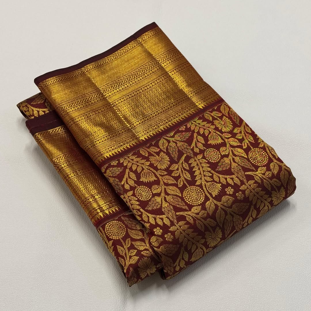 Magnificat Maroon Pure Banarasi Silk Saree With Assemblage Blouse Piece