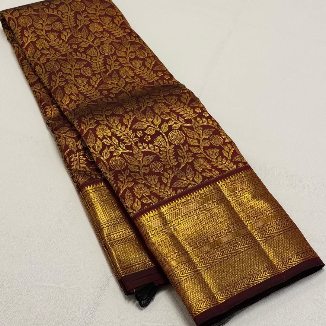 Magnificat Maroon Pure Banarasi Silk Saree With Assemblage Blouse Piece
