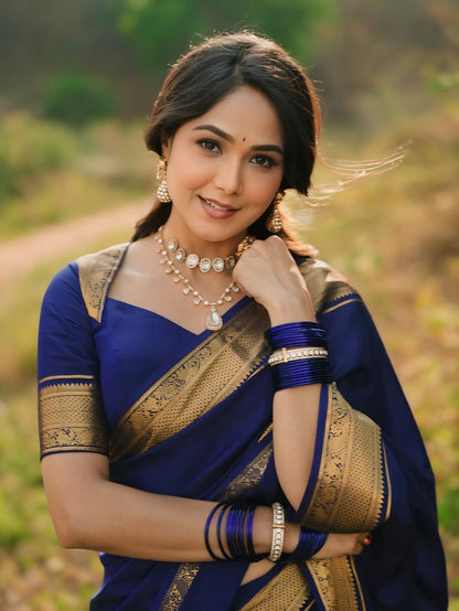Surpassing Navy Blue Pure Banarasi Silk Saree With Enthralling Blouse Piece