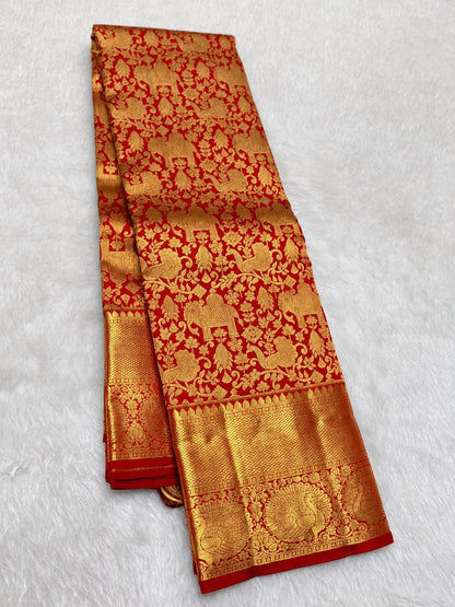 Innovative Red Pure Banarasi Silk Saree With Bucolic Blouse Piece