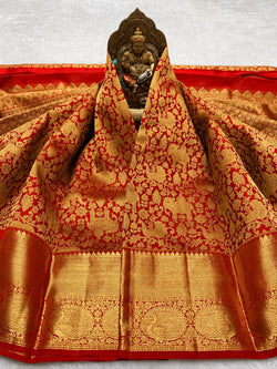 Innovative Red Pure Banarasi Silk Saree With Bucolic Blouse Piece