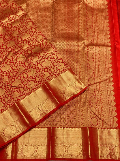 Innovative Red Pure Banarasi Silk Saree With Bucolic Blouse Piece