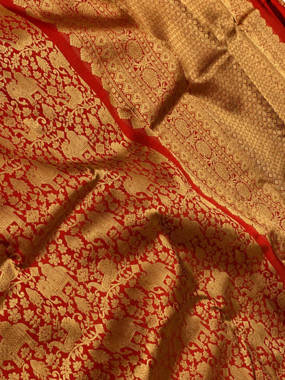 Innovative Red Pure Banarasi Silk Saree With Bucolic Blouse Piece