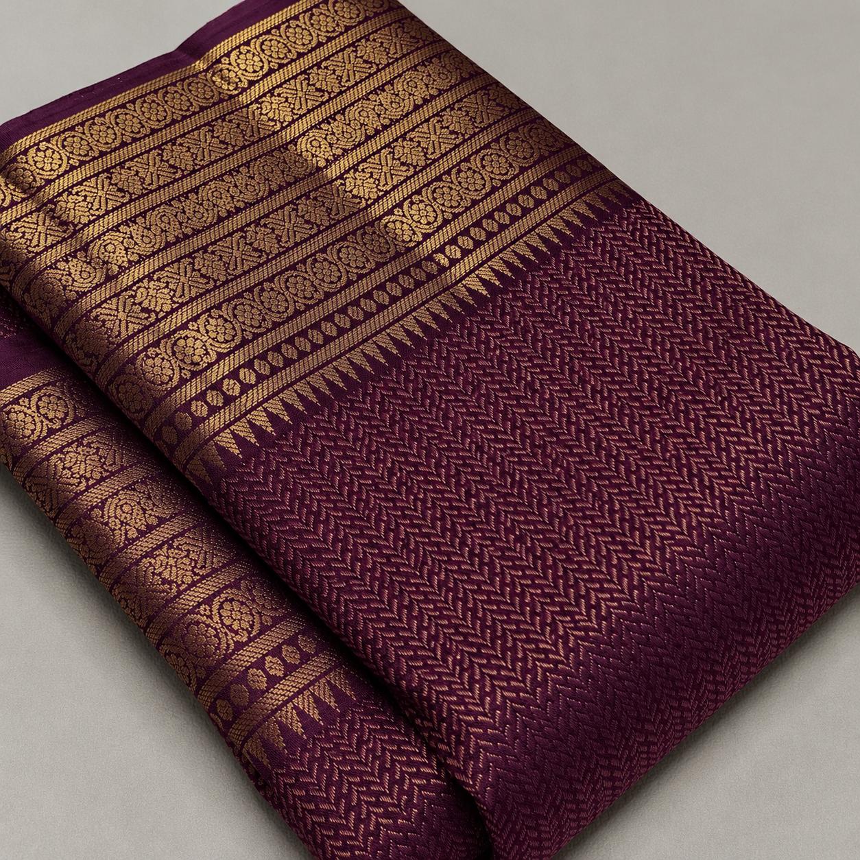 Symmetrical Purple Pure Banarasi Silk Saree With Energetic Blouse Piece