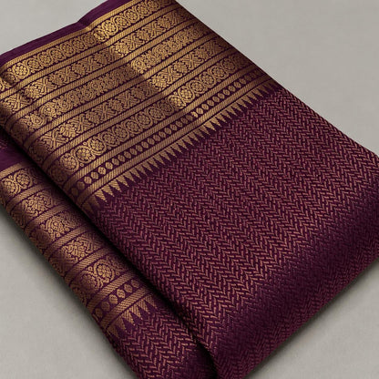 Symmetrical Purple Pure Banarasi Silk Saree With Energetic Blouse Piece