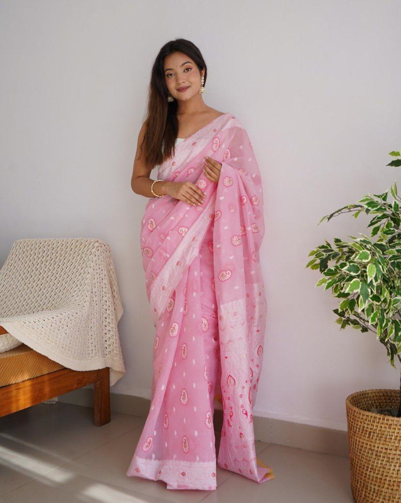 Symmetrical Baby Pink Cotton Silk Saree With Transcendent Blouse Piece