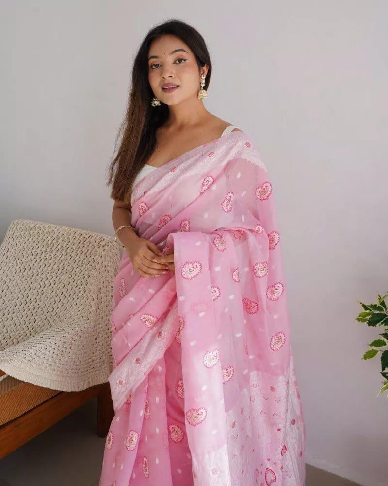 Symmetrical Baby Pink Cotton Silk Saree With Transcendent Blouse Piece