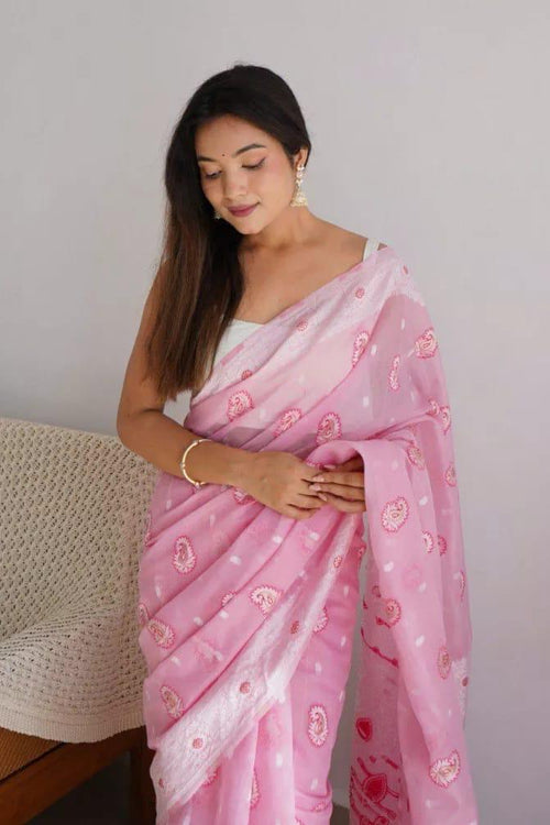 Load image into Gallery viewer, Symmetrical Baby Pink Cotton Silk Saree With Transcendent Blouse Piece
