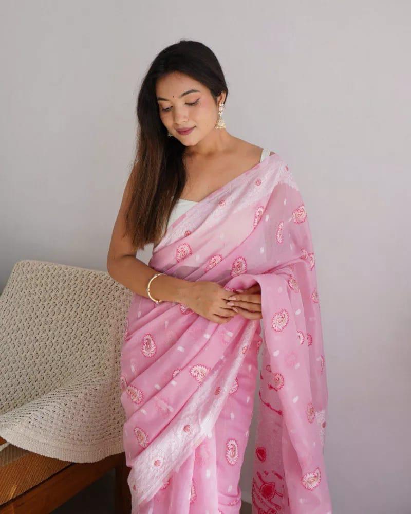 Symmetrical Baby Pink Cotton Silk Saree With Transcendent Blouse Piece