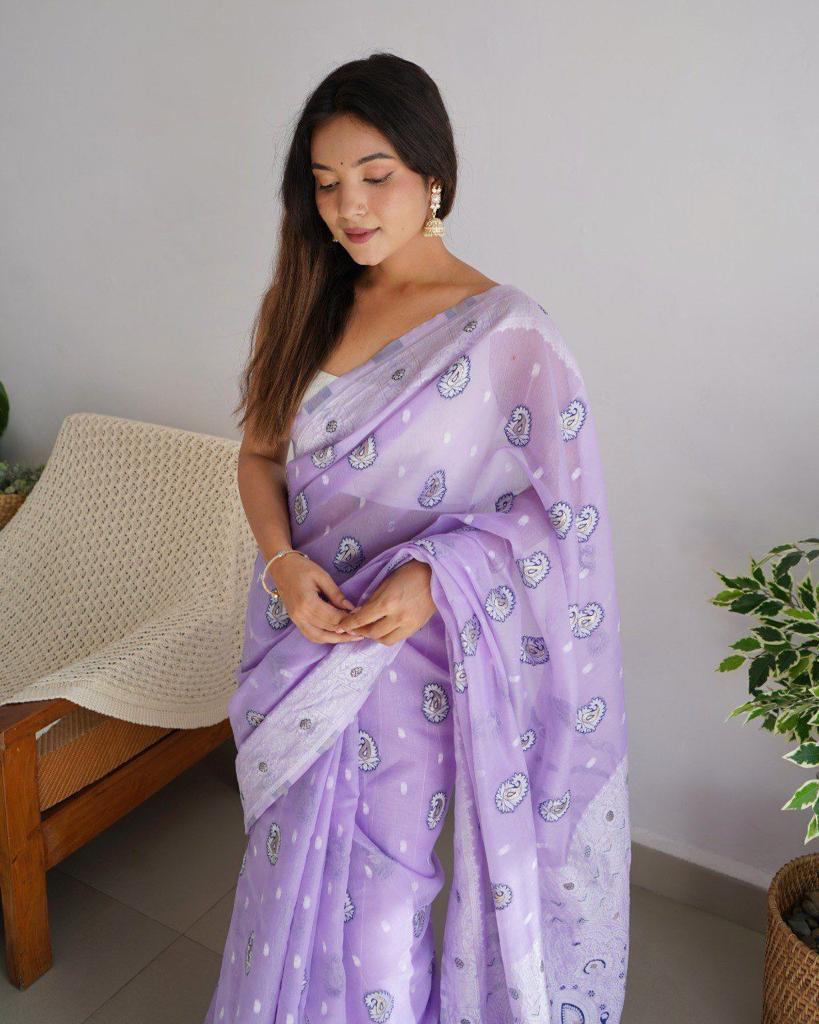 Bucolic Lavender Cotton Silk Saree With Effervescent Blouse Piece