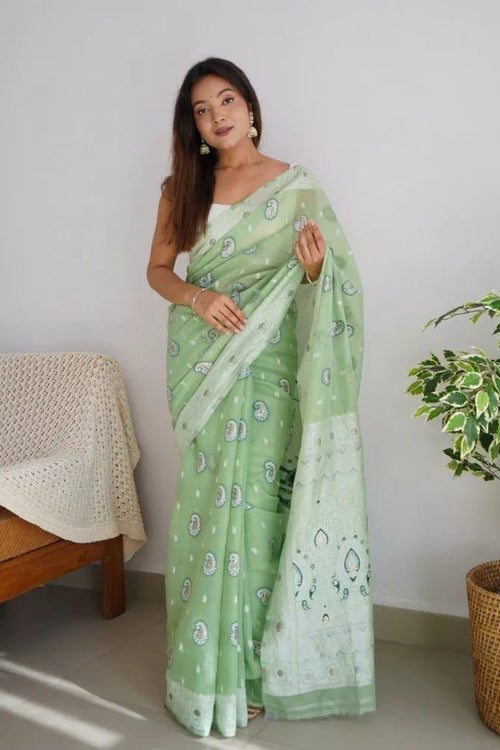 Load image into Gallery viewer, Redolent Pista Cotton Silk Saree With Engaging Blouse Piece
