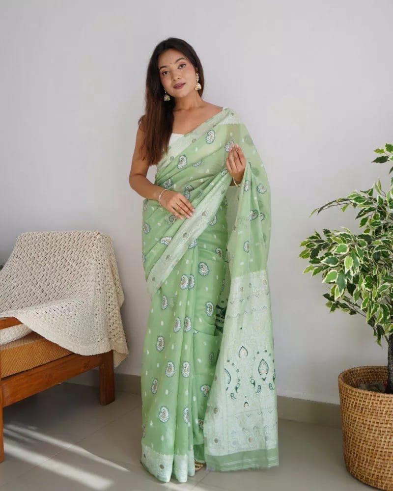 Redolent Pista Cotton Silk Saree With Engaging Blouse Piece