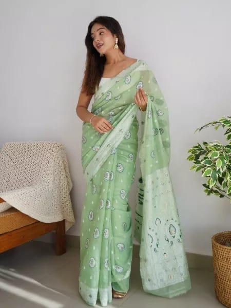 Load image into Gallery viewer, Redolent Pista Cotton Silk Saree With Engaging Blouse Piece
