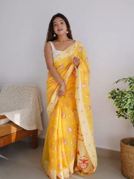 Load image into Gallery viewer, Exuberant Yellow Cotton Silk Saree With Incomparable Blouse Piece
