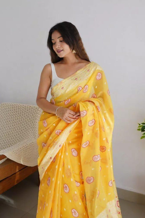 Load image into Gallery viewer, Exuberant Yellow Cotton Silk Saree With Incomparable Blouse Piece
