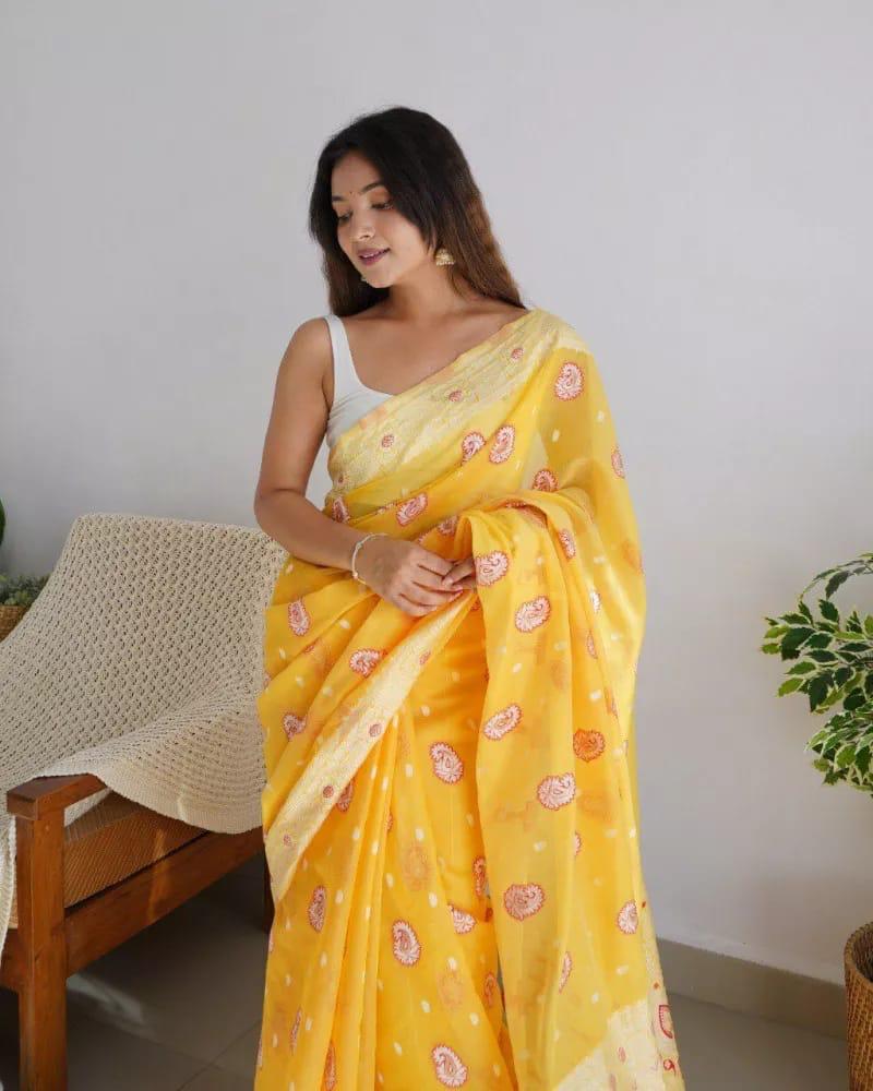 Exuberant Yellow Cotton Silk Saree With Incomparable Blouse Piece