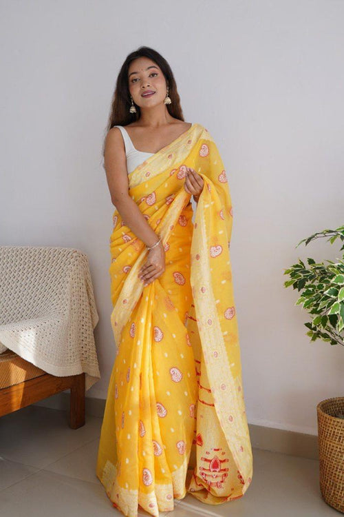 Load image into Gallery viewer, Exuberant Yellow Cotton Silk Saree With Incomparable Blouse Piece
