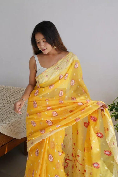 Load image into Gallery viewer, Exuberant Yellow Cotton Silk Saree With Incomparable Blouse Piece
