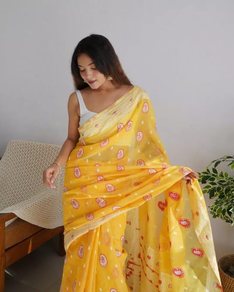 Exuberant Yellow Cotton Silk Saree With Incomparable Blouse Piece